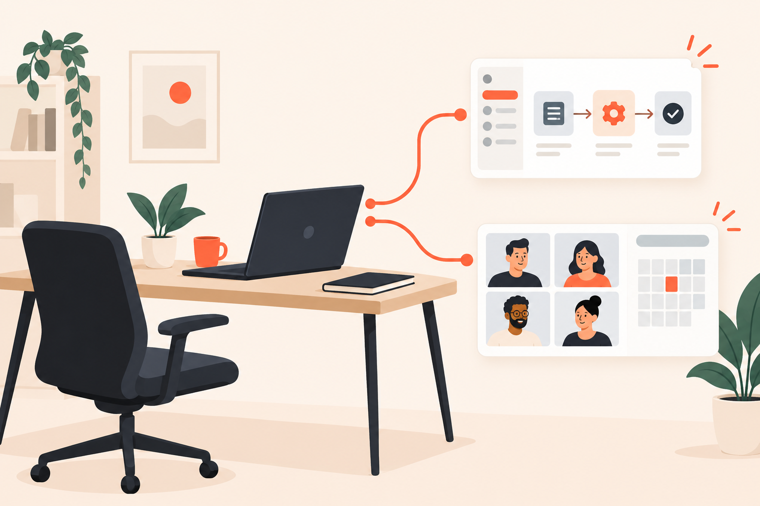 An empty meeting chair beside two paths to a focused product demo and a new calendar appointment.