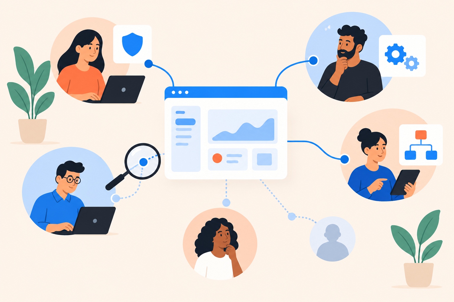 A shared product demo connects stakeholder avatars, with solid and dotted lines distinguishing observed relationships from unconfirmed ones.