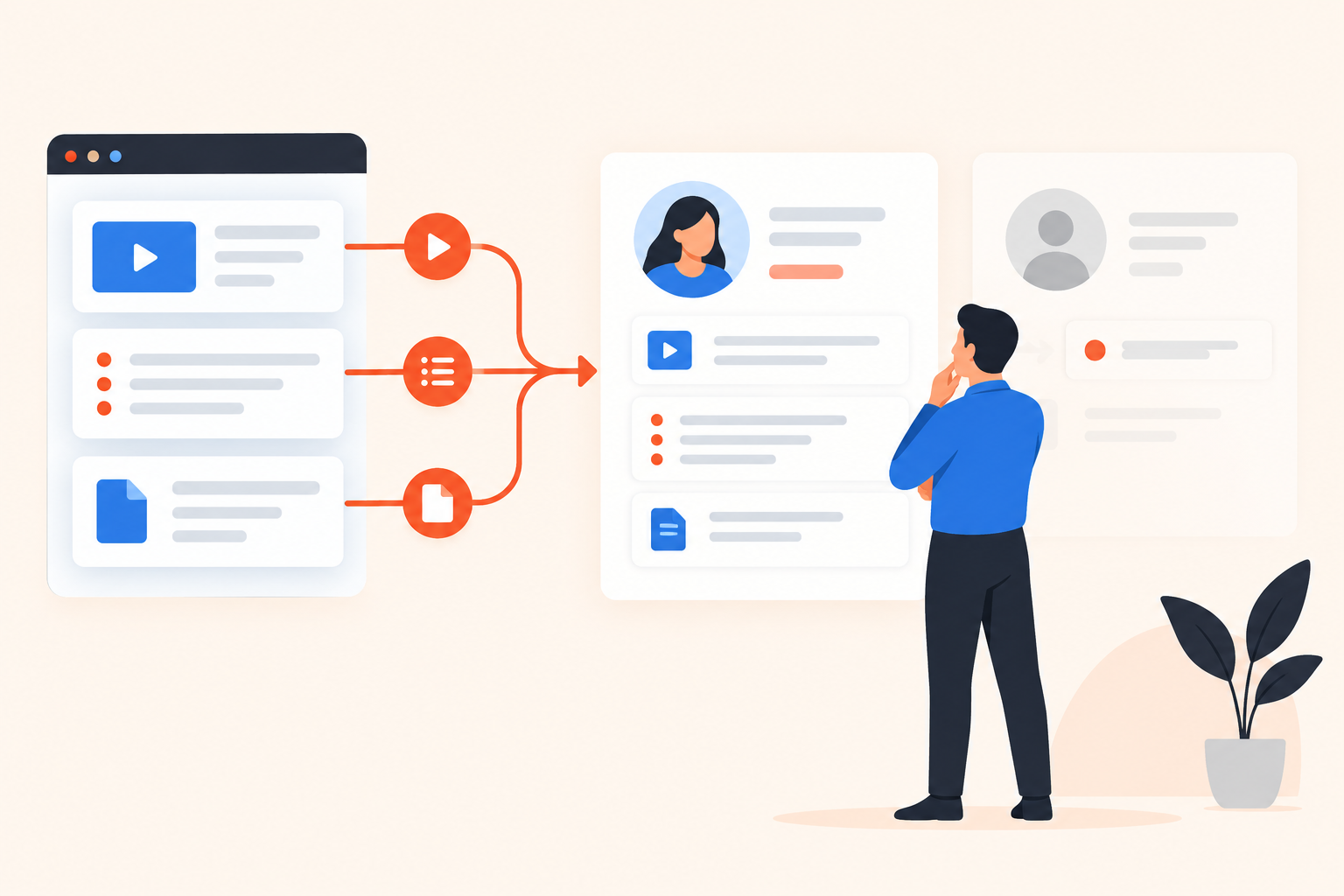 Demo topic choices, replays, and document activity flow into a CRM contact record for a sales representative to review.
