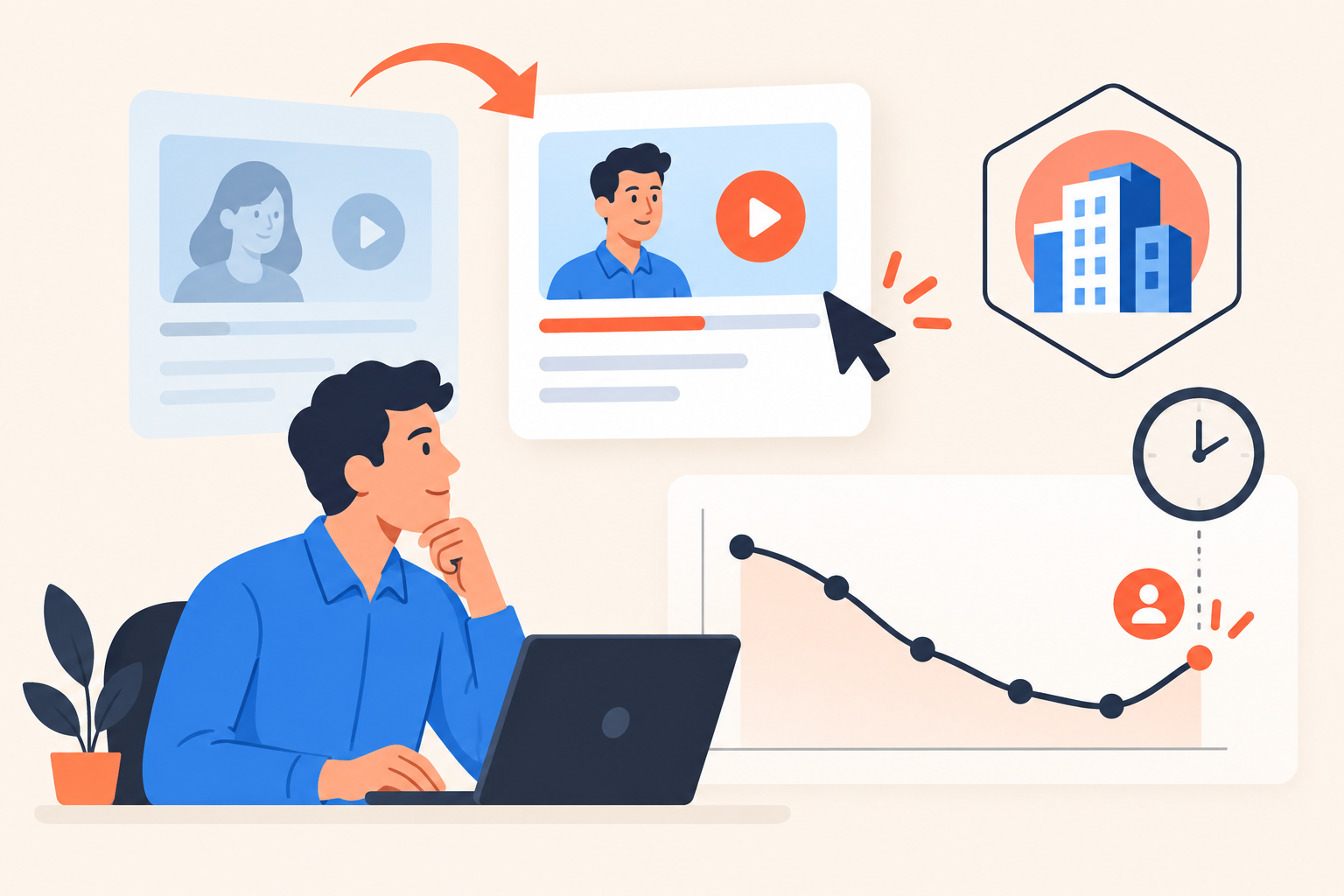 Old demo activity fades in a sales queue as fresh engagement rises, while a company-fit badge stays unchanged.